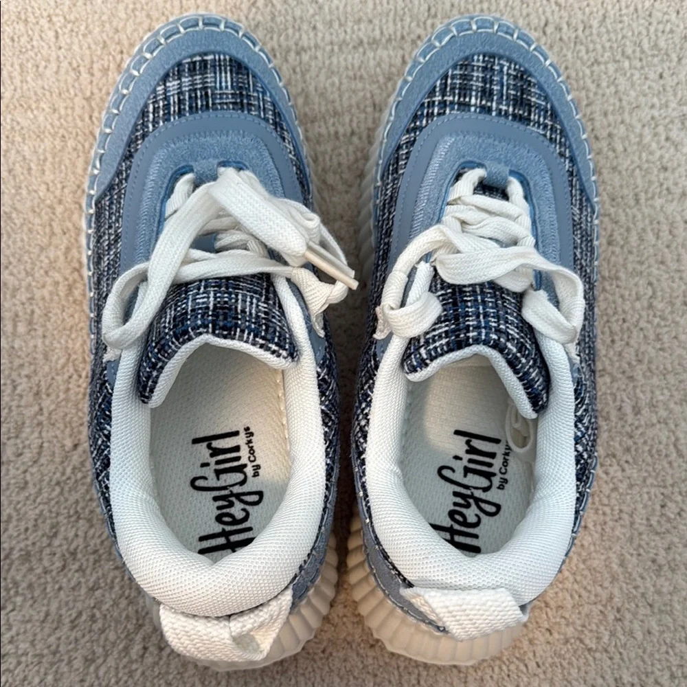 Corkys Blue Tweed Platform Sneakers with Cream Accents - Picture 3 of 5